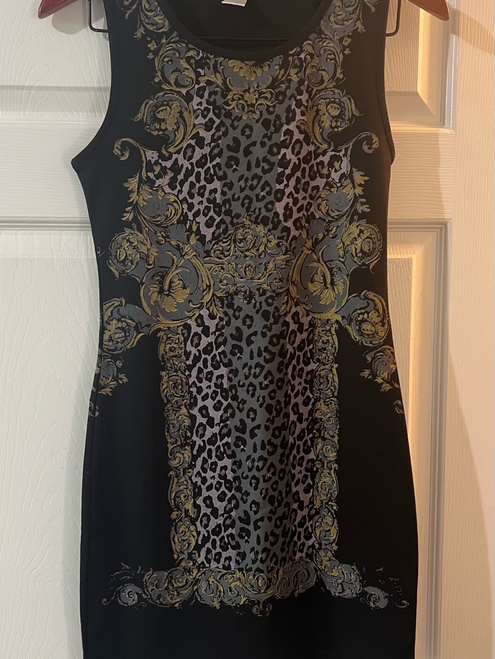 Connection 18 Black Dress with Gray & Pink Leopard and Gold Baroque Print Y2K